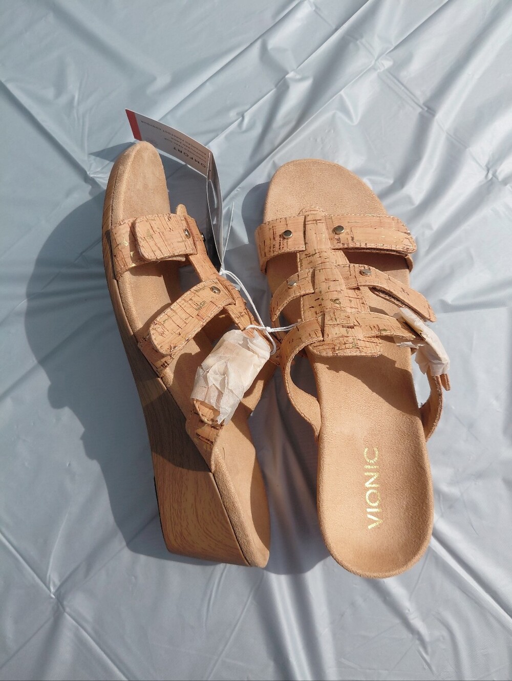NWT Sz 9 Vionic Orthaheel Park Radia Adjustable Straps Wedge Slides Gold Cork - Picture 9 of 13